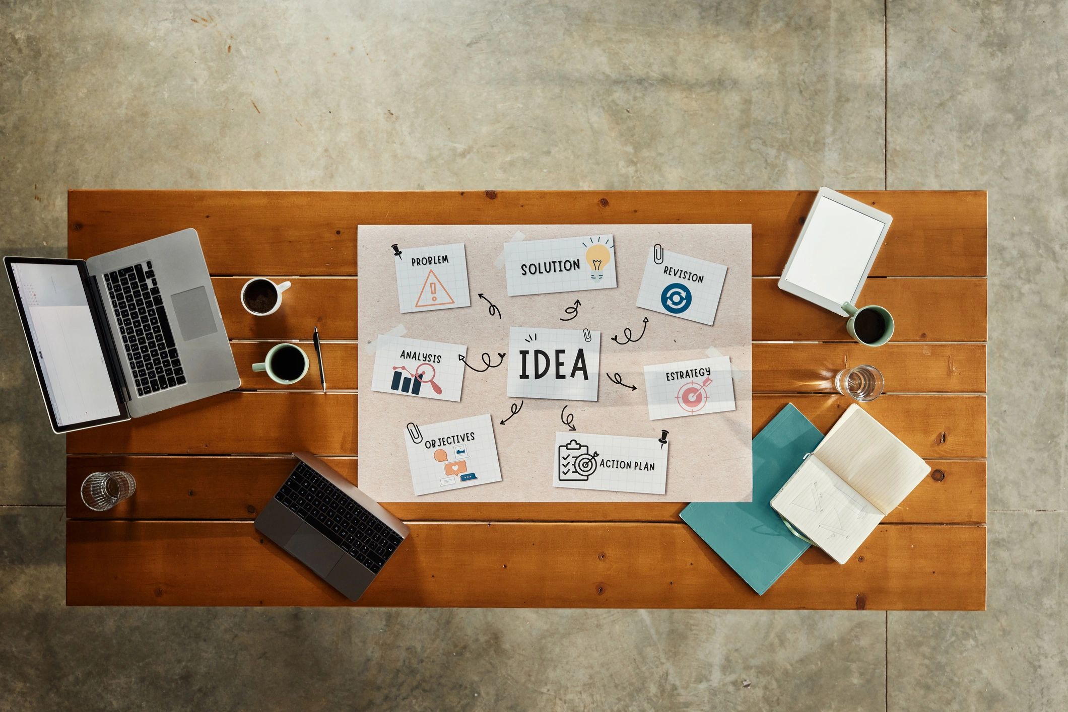 Creative desk with papers and coffee, viewed from above