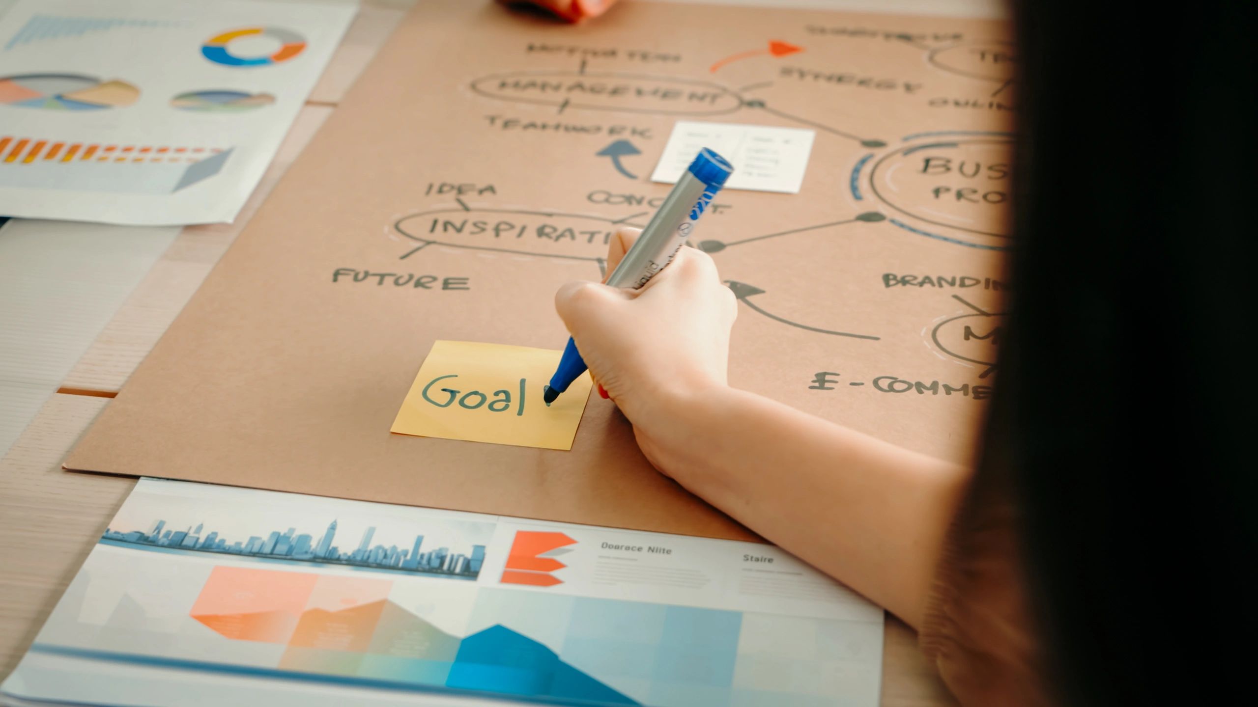 Team brainstorming with sticky notes and strategy planning